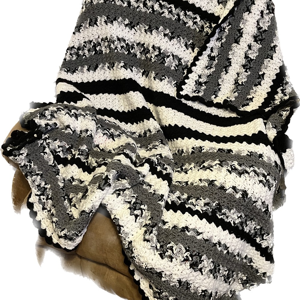 New Handmade Crocket Afghan Blanket - black, white, gray